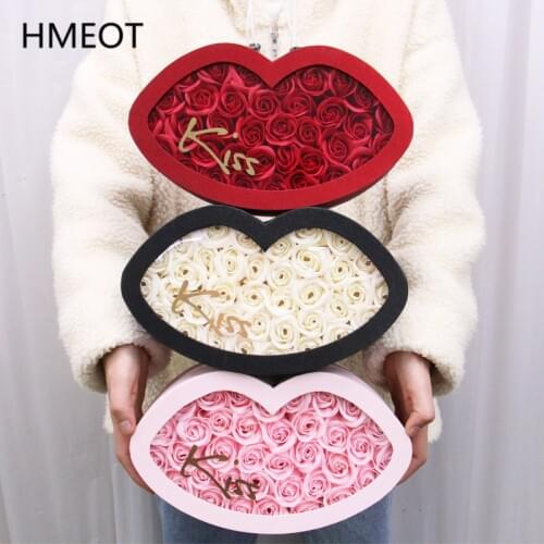 Valentines Day Gifts Soap Flowers +Kiss Lip-shaped Gift Box Artificial Rose Gift Wedding Party Home Table Ornaments Storage Box