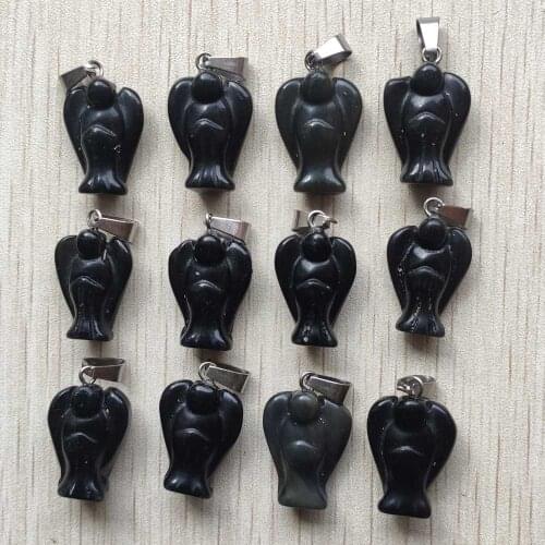 Good quality natural black Obsidian stone Carved angel pendants for necklace jewelry making free shipping Wholesale 12pcs/lot