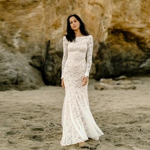 Simple Scoop Neckline Full Lace Wedding Dress Long Sleeve Backless Mermaid Bridal Gowns robe de mariee 2020 Bride Dress