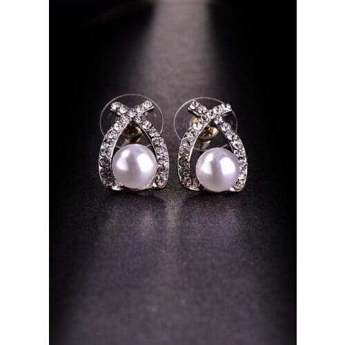 Fashion High Quality Zircon Crystal Imitation Pearls Stud Earrings For Woman Girl Geometric Earrings Female Jewelry Wedding Gift