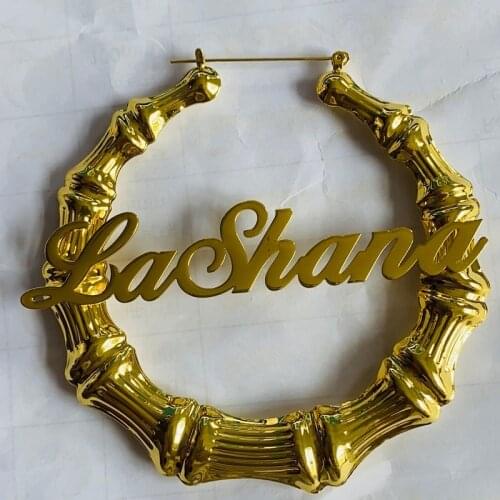 Hip Hop Custom Name Hoop Earrings Bamboo Customize Name Earrings Personalized Name Earrings Stainless Steel Earring Girl Jewelry