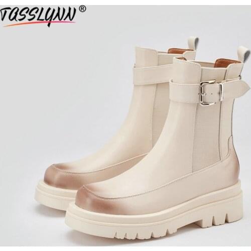 TASSLYNN 2022 Punk Shoe for Women Genuine Leather Martin Boots Square Heel Winter Platform Boots Round Toe Boots Women
