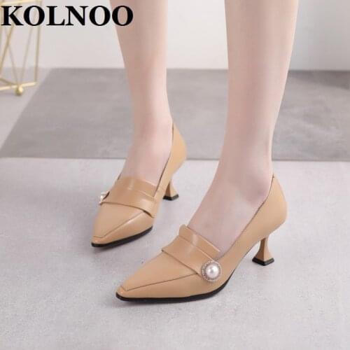 KOLNOO Handmade Newest 2021 Style Womens High Heel Pumps Pointed-Toe Pearl Slip-On Daily Wear Office Fashion Beige Court Shoes