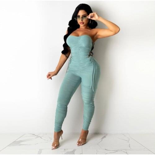 2021 New Arrival Famous Brand Jumpsuits Solid Ruched Bandage Slash Neck Strapless Summer Sexy Bodycon Rompers