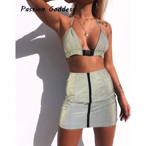 2 Piece Womens Reflective Skirts Matching Set Street Wear Bling Luminous Halter Buckle Cropped Tops Loose Harem Pants Sweatsuit
