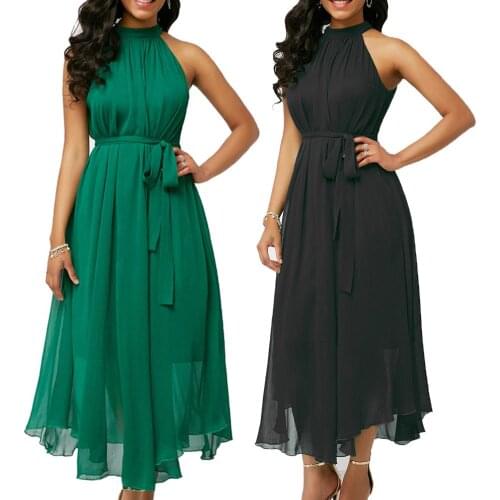 Plus Size 5XL Women Dress Solid Color Pleated Chiffon Sleeveless Dress for Women Belted Maxi Dress Evening Party Vestidos Femme