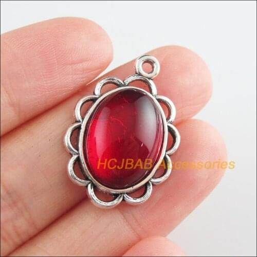 8Pcs Tibetan Silver Tone Teardrop Red Glaze Charms Ellipse Pendants 19x29mm