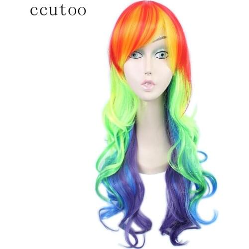 Ccutoo 65cm Red Yellow Purple And Blue Mix Wavy Long With Bangs Synthetic Hair Wigs Womens Daily Halloween Party Cosplay Wigs