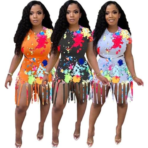 Chiclover Two Piece Set Women Wholesale Items Splash Ink Sweet Tracksuit Tassels Biker Shorts Sets Bodycon Lounge Sporty Outfit