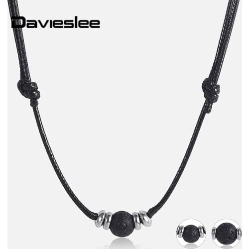 Davieslee 1.5mm Lava Rock Stone Choker Necklace Leather Rope Chain Adjustable Length Unisex Mens Womens Gift 8/10mm DDNM18