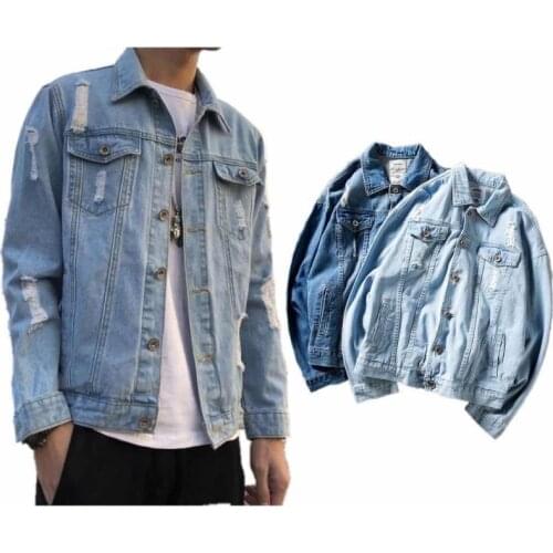 Spring Autumn Mens Long Sleeve Hole Denim Jacket Coat