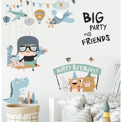 Childrens Birthday Cartoon Wall Stickers for Kids Room Bedroom Living Room Wall Decoration Self Adhesive Mural Birthday Gift