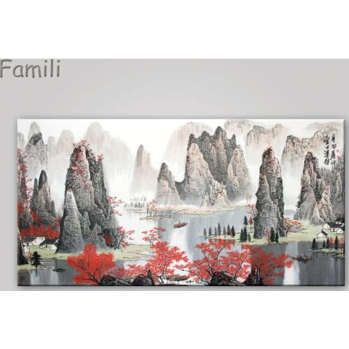 Chinese Landscape canvas paintings Red maple and boat canvas pictures vintage home decorative on the wall art for living room