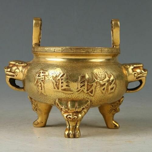 Chinese Exquisite Brass Three Foot Incense Burner W QianLong Mark