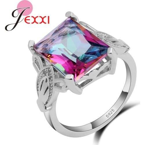 Hot Hollow Out Square Rainbow Crystal Rings For Wedding Engagement 925 Sterling Silver Jewelry Women Bands Party Ring