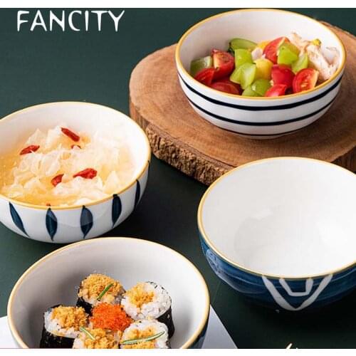 FANCITY Bowl household small noodle bowl Japanese hand-painted underglaze ceramic bowl tableware rice bowl single soup bowl exqu