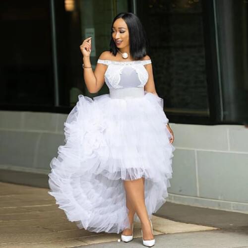 Trendy White Summer High Low Tulle Skirts 2020 With Satin Ribbon Waistband Long Ruffles Tiered Tulle Skirt Custom Made