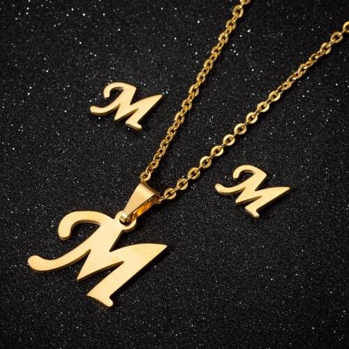 Oly2u Fashion 26 Letter A,B,M,P,R Jewelry Sets for Women Classical Stainless Steel Gold Hypoallgenic Earrings Necklace New Year