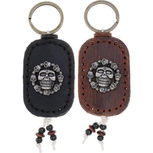 Punk Rock Gothic Skull Men Car Keychain Vintage Genuine Leather Metal Skeletons Pirate Holder Bag Accessories Key Rings Jewelry