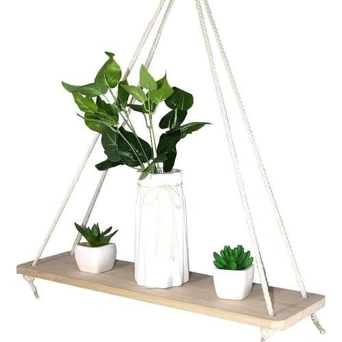 Wall Hanging Wood Shelf Premium Swing Hanging Rope Wall Mounted Floating Shelves Plant Flower Pot Indoor Simple Design JU0173