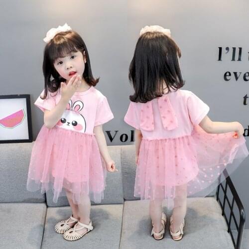 Summer New Baby Girl Clothes Patchwork Mesh Short Sleeve Tutu Dress Rabbit Cute Korean Princess Dress Kids Dress for Girls 0-4Y
