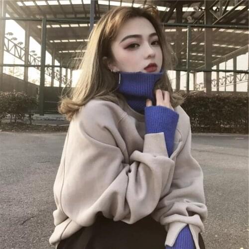 New Style Hot Sale Winter Womens Pullover High Collar Fake Two-piece Sweatshirt Loose Plus Size Hoodies Vintage Casual Top Girl