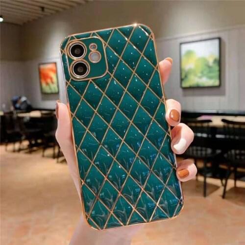 Luxury Gold Plating Grid Phone Case for iPhone 11 12 Mini Pro Max XS Max X XR 7 8 Plus Cute Lattic Glossy Soft Tpu Back Cover