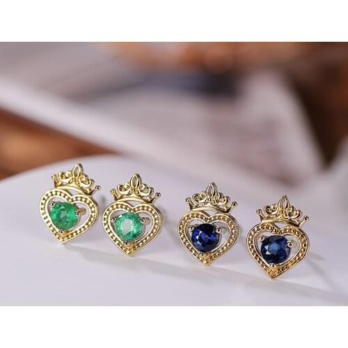 S925 sterling silver gold-plated natural emerald sapphire stud earrings graceful personality love crown earrings