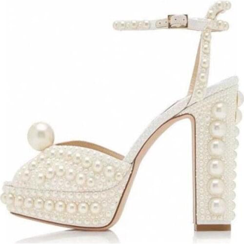 UVRCOS White Pearls Beaded High Heel Sandals Summer Peep Toe Platform Shoes Sexy Ankle Strap Party Wedding Heels