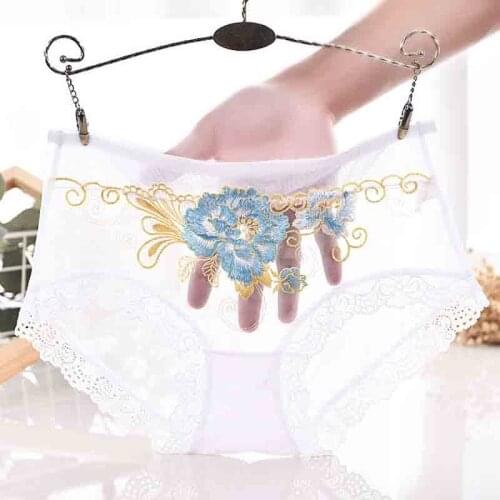 Sexy lace underwear womens new embroidery lace traceless womens large mesh mid waist briefs