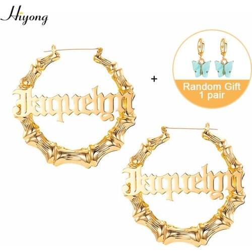 HIYONG Custom Name Earrings Bamboo Hoop Earrings Gold Plated Customize Earrings for Women Girls Hip-Hop Fashion Jewelry Gifts