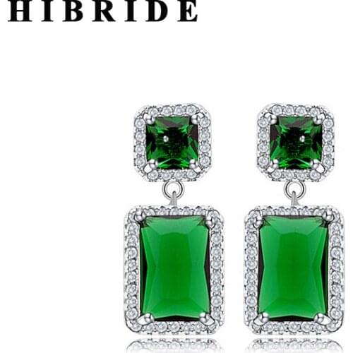 HIBRIDE Fashion Square Green Cubic Zirconia Pendant Earrings For Women Wedding Jewelry Crystal Boucle d'oreille E-321