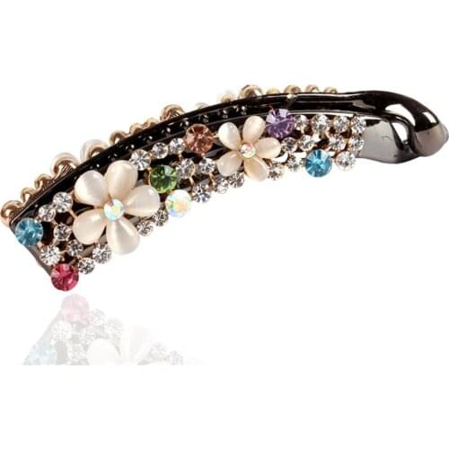 Xiwstar Crystal Rhinestone Flower Banana Hair Clip Barrette for Women Tie Up Vertical Clips Ponytail Hair Claws Accessories
