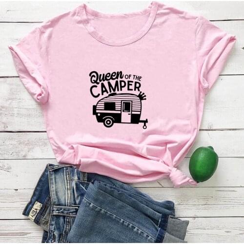 Queen of The Camper Tee Women T-shirt RV Pattern Cotton Tshirt Woman Top Aesthetic White Casual Loose Tee Shirt Femme