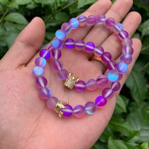 2pcs/set CZ crown Charms women bracelet stone bracelet Purple Crystal Moonstone beads Bracelets for women jewelry accessories