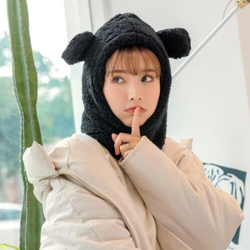 Winter Cute Bear Ears Warm Hat Windproof Neck Scarf Cap Student Women Plus Cashmere Cap