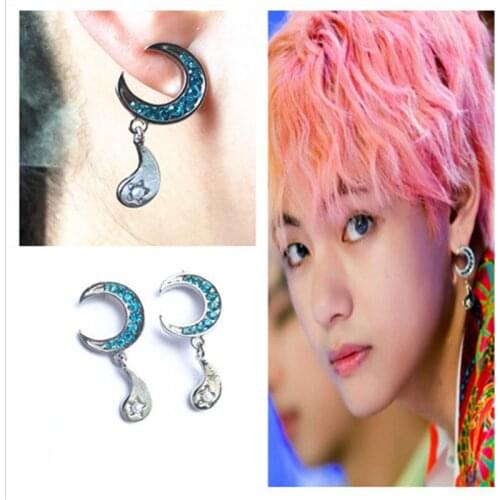 1-2 Pcs Kpop Bangtan Boys V Earrings Star Moon Kim Tae Hyung Small Pendant Blue Romantic Jewelry Temperament Earrings Fans Gifts