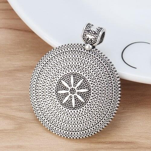 10 Pieces Bohemia Round Charms Silver Color Pendants for Necklace Jewelry Making Findings 44x36mm