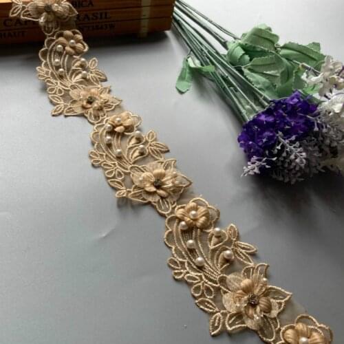 2 yards Gold Pearl Flower Leaf Handmade Beaded Embroidered Lace Trim Ribbon Applique Wedding Dress Sewing Craft DIY Hot