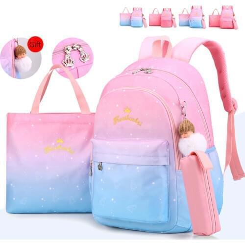 3pc Set School Bags for Girls Sweet Princess Gradient Kids School Backpack Light Waterproof Grade 1-3-6 Book Backpack Big Small