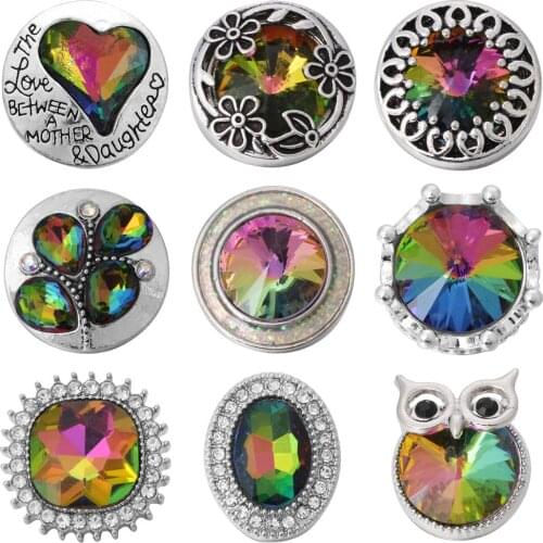5pcs/lot New Snap Jewelry Colorful Crystal Rhinestone Owl Fower Love 18mm Metal Snap Buttons Fit DIY 18mm Snap Bracelet Necklace
