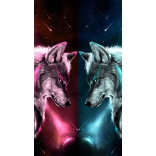 5D DIY Diamond Painting Wolf Cross Stitch Red and Blue Opposite Animal Square Round Embroidery Mosaic Rhinestone Decoration Gift