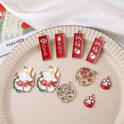 6pcs Chinese Style Cartoon Pendant Blessing Text Flowers Lucky Cat Earrings For Women Material Diy Ear Jewelry Accessories