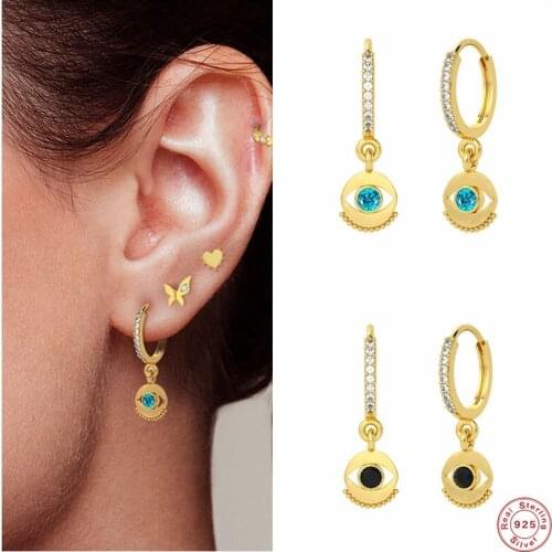 Aide 925 Sterling Silver Black Blue Zircon Eye Shape Pendant Hoop Earrings For Women Luxury Bohemian Pave Crystal Circle Earring