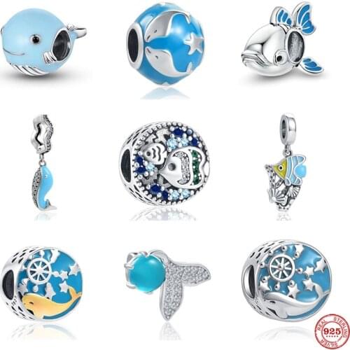 Summer New Lake Blue Dolphin Fish Sterling Silver 925 Charm Bead Fit Original Pandora Bracelets DIY Ocean Series Jewelry