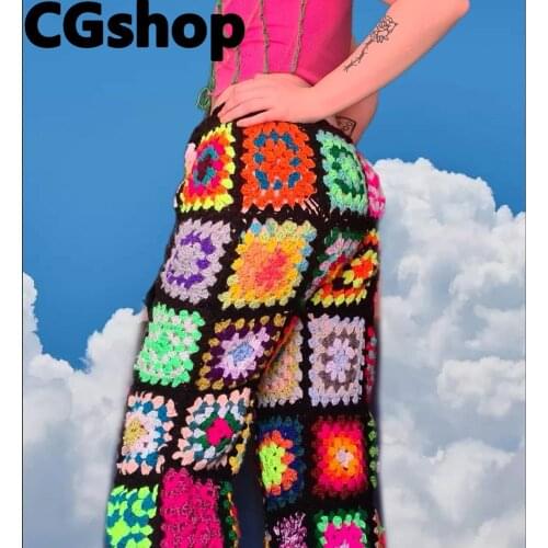 CGshop Vintage Women Hand Made Straight Knitted Pants Summer Fashion Ladies High Waist Streetwear Pant Girl Loose Trousers