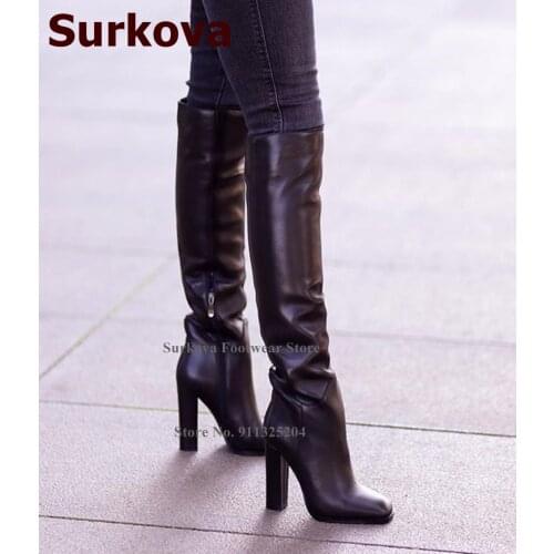 Surkova Black Matte Leather Chunky Heel Over-the-knee Boots Concise Celebrity Gladiator Thigh Boots Zipper Dress Shoes Size46