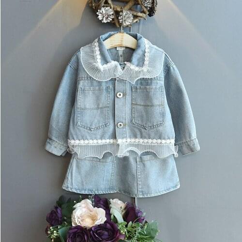 Kids Clothes Baby Girls Fall Denim Suit 2021 Spring Autumn Girls Denim Lace Jacket & Skirt Two-piece Sets Toddler Girl Outfits