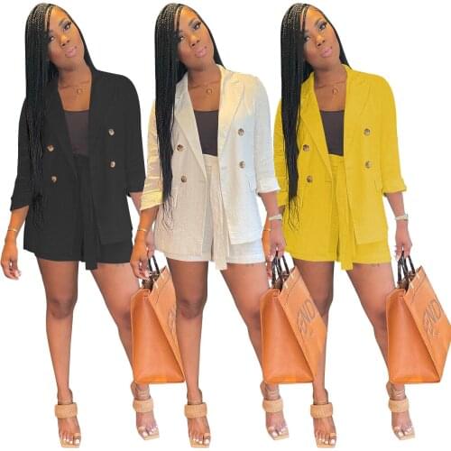 Elegant Suit 2 Piece Outfits Fashion Streetwear Turn-down Collar Button Blazer + Lace Up Loose Shorts Slim Lady Two Piece Set