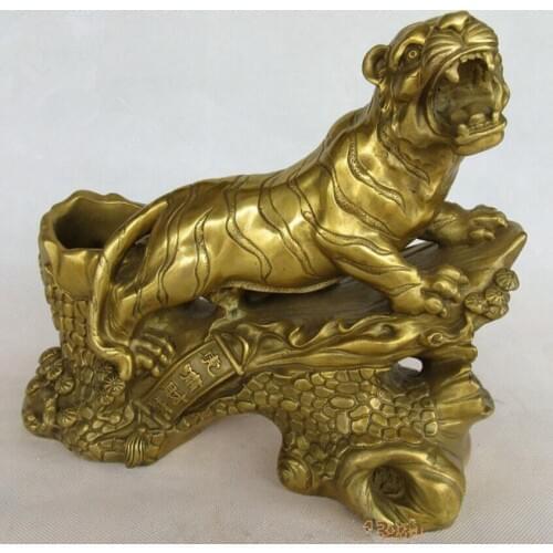 Exquisite brass wealth money coin angry animal zodiac tiger roar Brush statue